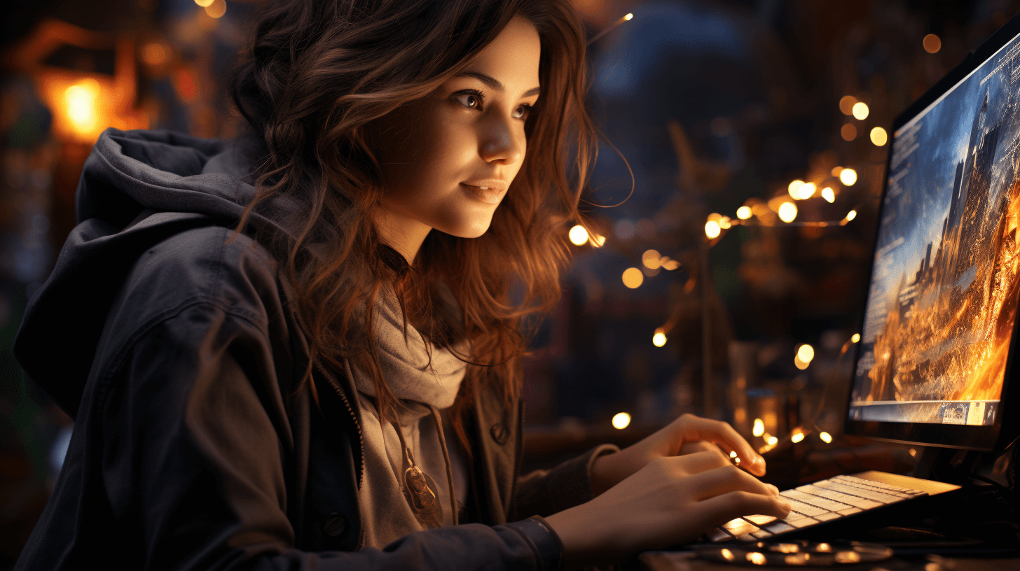 A-woman-working-on-a-computer-with-a-festive-Christmas-tree